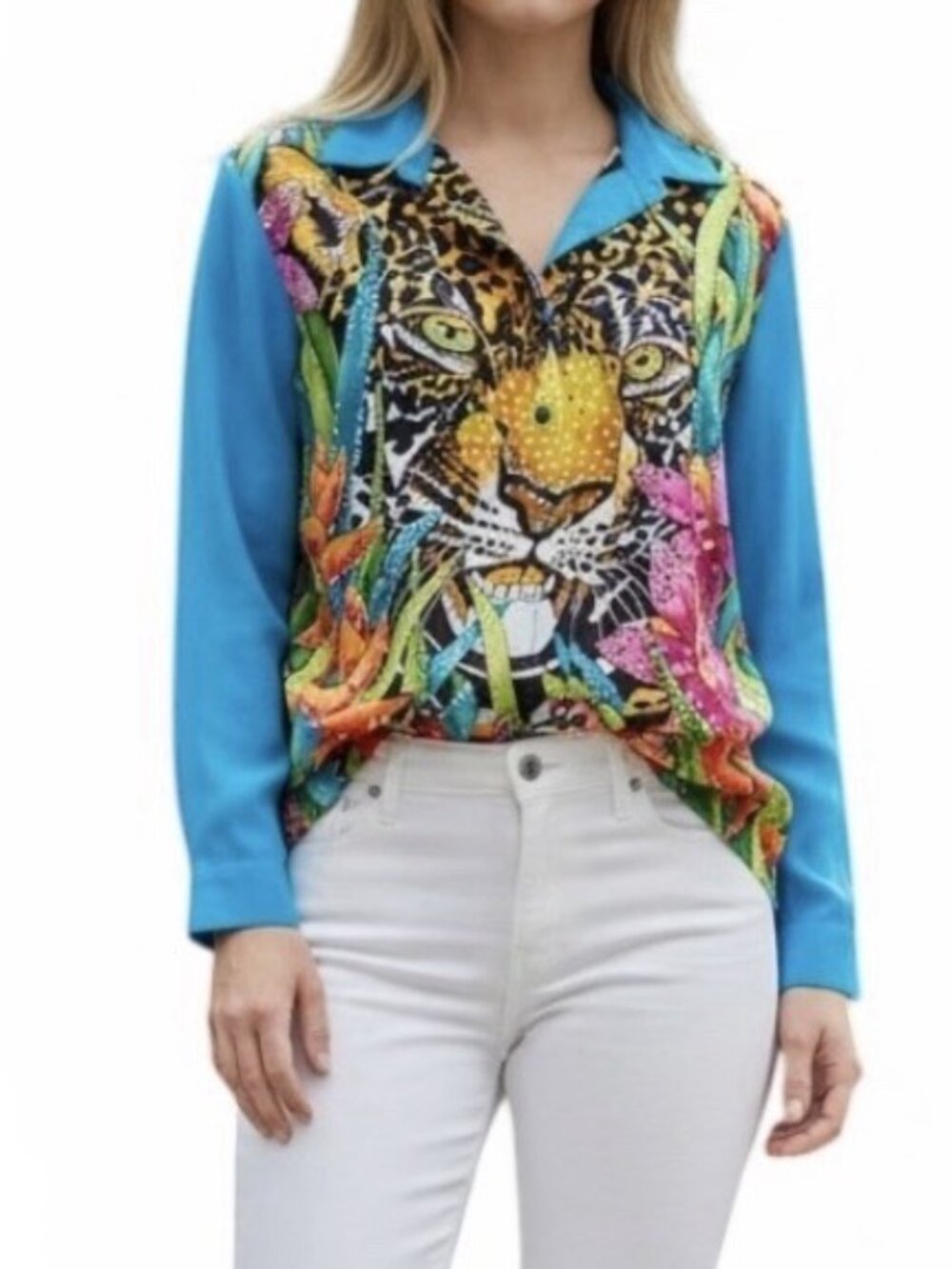 Vintage Diane Gilman Women’s 100% Silk Tiger Floral Sequin Beaded Blouse Sz M